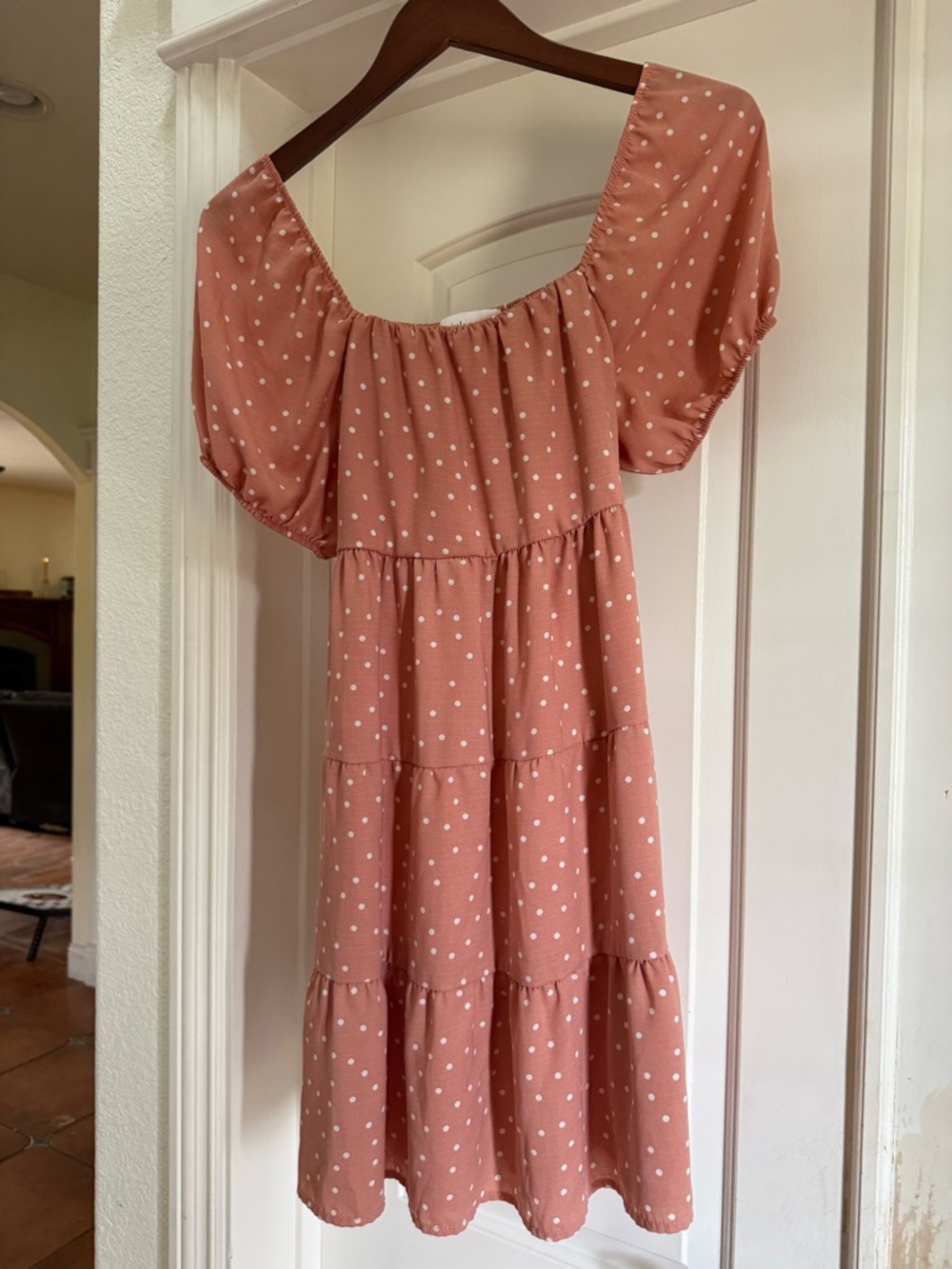 Dusty Pink Rose Pink Polka Dot Tiered Casual Dress